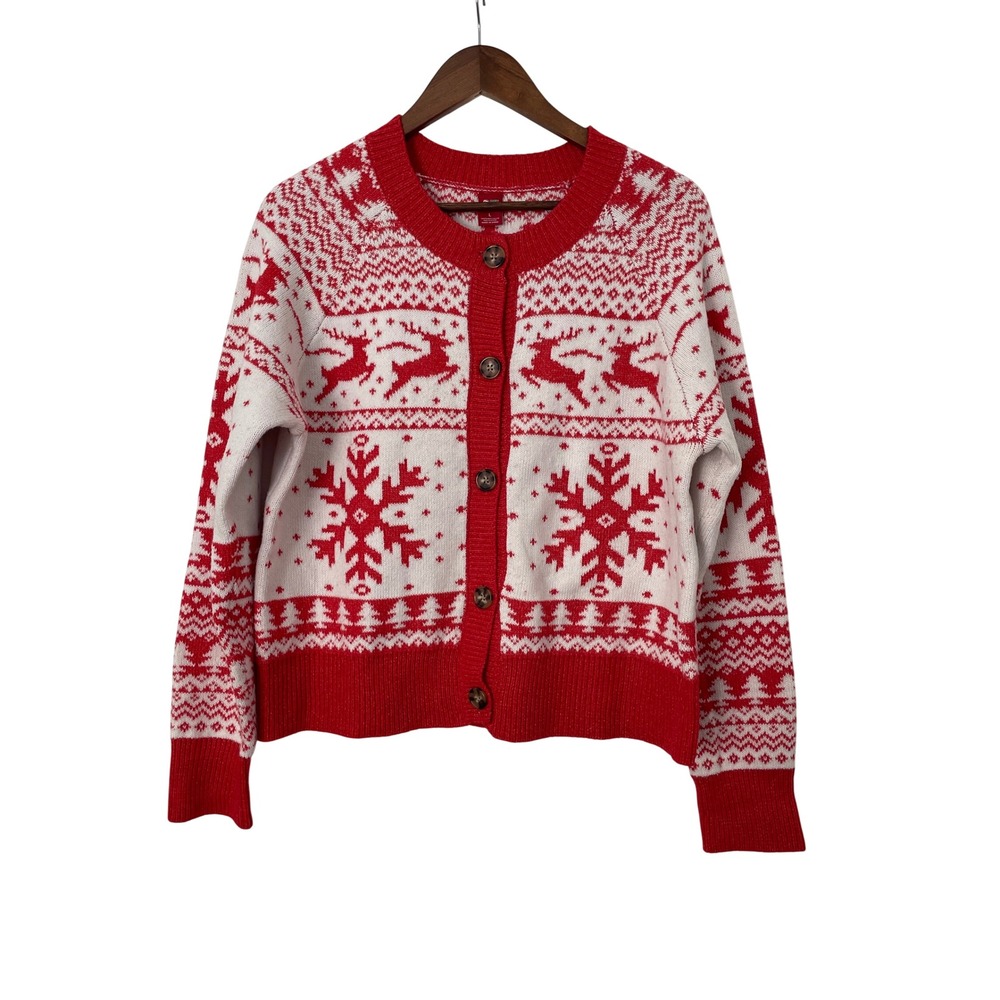 Dec25th Christmas Cardigan L Fair Isle Reindeer Snowflake Nordic Holiday Sweater